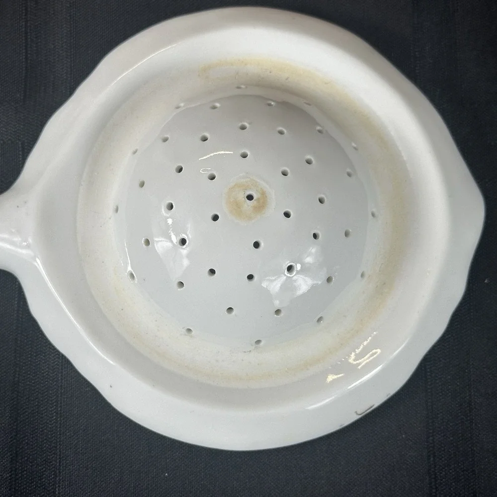 Antique Porcelain Handled Tea Strainer Pink‎ Roses Gold Laurel Shabby Chic